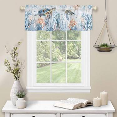 Imagem de Cortina de decoração tartaruga oceano cortina de cozinha para janela estrela do mar coral azul haste bolso sanefa cozinha tratamento de janela para quarto sala de estar 137 x 45 cm