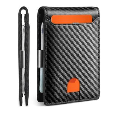 Imagem de Carteira fina masculina moderna com capacidade para vários cartões, bolso frontal, presente de aniversário e Natal, Carbono preto, Elegante