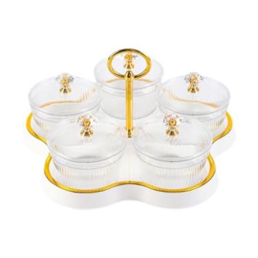 Imagem de Bothyi Bandeja de frutas secas com divisórias para servir, bandeja de nozes, prato à prova de poeira para lanches, pote de armazenamento de cozinha, prato de, Creme Branco 5 Grades