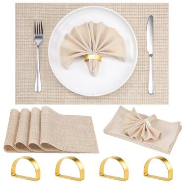 Imagem de Gandeer Conjunto de 4 jogos americanos bege, anéis de guardanapo dourado com pano de guardanapo de jantar, tapetes antiderrapantes resistentes ao calor para mesa de jantar, tapetes de mesa de vinil