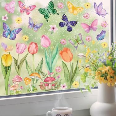 Imagem de Qaxrocyn 83 adesivos de janela borboleta tulipa primavera – 8 folhas dupla face adesivos de janela em aquarela de PVC com beija-flores e flores, decoração de parede de porta de vidro removível para