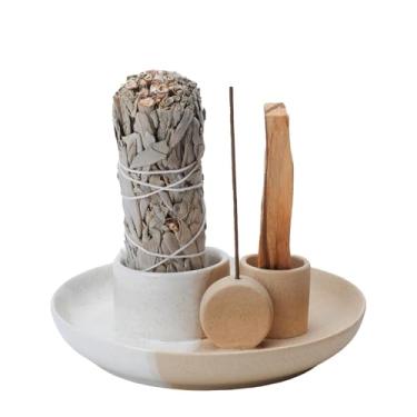 Imagem de Fancy Lemon Suporte de incenso 4 em 1, bastão de incenso de cerâmica e suporte Palo Santo, suporte de sálvia para queimar - bandeja coletora de cinzas de cerâmica de 14 cm para sala de meditação e