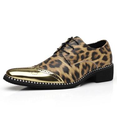 Imagem de MANLADUO Sapato social masculino de negócios, bico fino, estilo britânico, moderno, leopardo, patchwork, festa, Dourado, 39