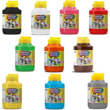 Imagem de Kit Tinta Guache 250ml Tempera 10 Cores Básicas Escolar Acrilex Ensino