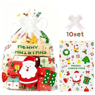 Imagem de WeDoSoy 10 sacos de cesta de Natal, sacos grandes de celofane de 56 x 81 cm com 10 peças de laço de puxar - bolsa de cesta de violoncelo, saco de embrulho de celofane para embalagem de presente e