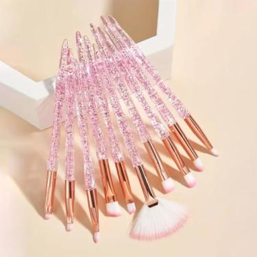 Imagem de Conjunto de pincéis de maquiagem, cabo de cristal, 10 peças de pincéis cosméticos de cor rosa premium para base em pó, corretivo de sombra, blush e corretivo