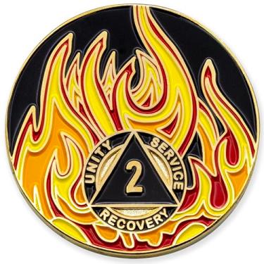 Imagem de Medalhão/Chip de Recuperação AA Banhado a Ouro com Chamas Torcidas Sobriety Mint 2 Year - Preto/Vermelho/Laranja/Amarelo