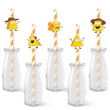 Imagem de Serencatcher 50 canudos de papel com tema de queijo, canudos descartáveis listrados para lembrancinhas de festa de aniversário de queijo, 5 estilos
