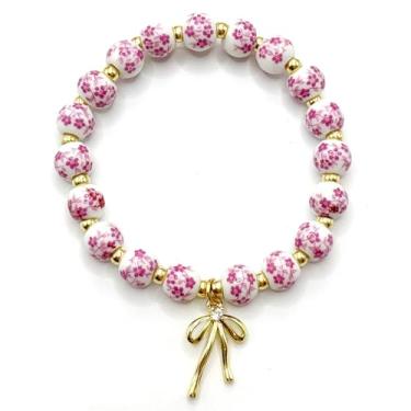 Imagem de Pulseira feminina vintage com contas – Design de laço floral elástico feito à mão, joia delicada, presente para ela, pulseiras românticas ajustáveis para uso diário, Small, Liga de cerâmica, Sem Pedra