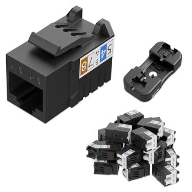 Imagem de iwillink Conector Keystone de 10 Gbps, conector Keystone RJ45, pacote com 25 e suporte Keystone Punch-Down, conector Ethernet modular UTP 90 graus, adaptador Keystone Punch Down (preto, Cat6A)