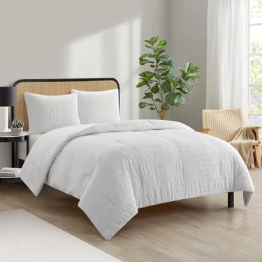 Imagem de Style House Conjunto de edredom Seersucker de 3 peças, tamanho casal/queen branco, ultramacio, leve e edredom para todas as estações com fronhas combinando