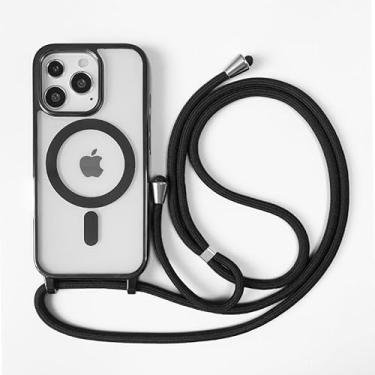 Imagem de Capa magnética para iPhone 16 Pro Max com alça de pescoço ajustável, capa à prova de choque compatível com carregamento sem fio para viagens e uso diário, preta