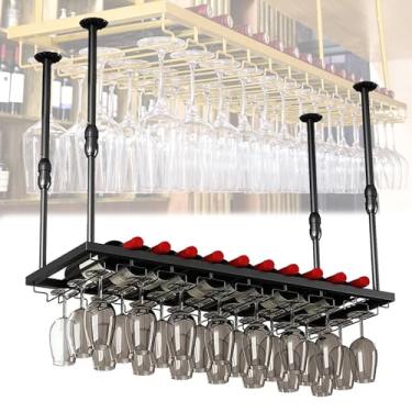 Imagem de Prateleira de vinho, suporte para copos de vinho, suspenso, metal, altura do teto, suporte para garrafas, copo de champanhe, organizador flutuante para economia de espaço, fácil de instalar