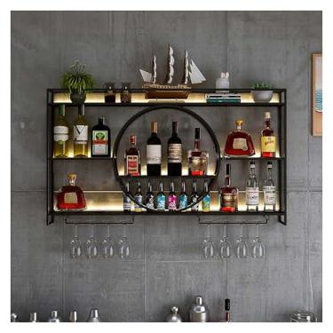 Imagem de Rack de vinho montado na parede de 3 níveis, armário de rack de vinho redondo de metal suspenso de LED, prateleiras de bebidas e suporte de copo de vinho, prateleira de garrafa de vinho, para bar de