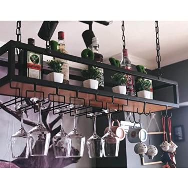 Imagem de Prateleiras de vinho de bar montadas no teto, suporte de taça de champanhe pendurado, prateleira organizadora flutuante de ferro de parede, prateleiras grandes para decoração de casa (tamanho: 140 x