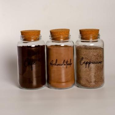 Imagem de Pote de armazenamento cafe Kit Cantinho do Café - ESCOLHA SEU KIT - Potes de Vidro 830 ml com Tampa de Cortiça(Café - Achoc. - Capucc)