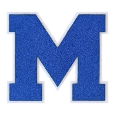 Imagem de 1 Patch de letra de chenille azul de 15 cm com borda branca – adesivos do alfabeto para roupas, jaquetas, mochilas, chapéus para decoração personalizada, nome personalizado e artesanato. (M)
