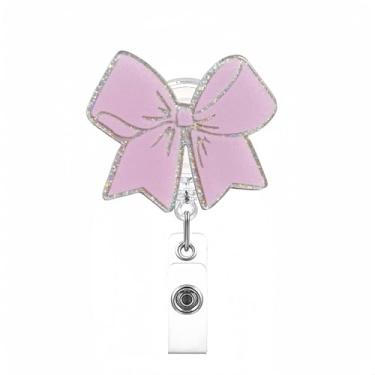 Imagem de Carretel de crachá de laço rosa com clipe retrátil fofo clipe de crachá de Natal para enfermeira de Natal porta-crachá de identificação de enfermeira engraçado com glitter para enfermeira, médico