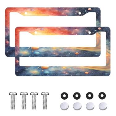 Imagem de 2 peças de moldura de placa de licença de sistema solar cósmico à prova de ferrugem capa de placa de carro frontal traseira suporte de etiqueta de carro para mulheres homens acessórios de decoração