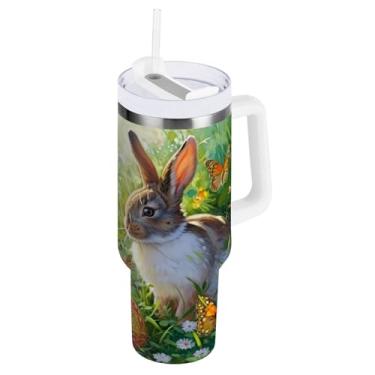 Imagem de ATTX Copo de coelho da Páscoa de 1,134 g com alça, copo de aço inoxidável a vácuo de parede dupla com palha, caneca de café de viagem isolada #446