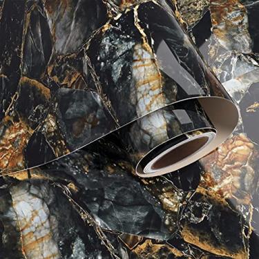 Imagem de VaryPaper Papel de contato de mármore preto e dourado de 61 cm x 404 cm para bancadas de cozinha à prova d'água e brilhante para mesa de balcão, papel de parede de granito autoadesivo removível para