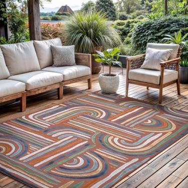 Imagem de CAMILSON Tapete para ambientes internos e externos, laranja 15 x 23 cm, arco geométrico, listrado, tapete para pátio e casa, sala de estar, jardim e deck lavável (15 x 23 cm)