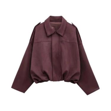 Imagem de Jaqueta Bomber Feminina Oversize Cropped De Camurça Com Zíper Manga Lo