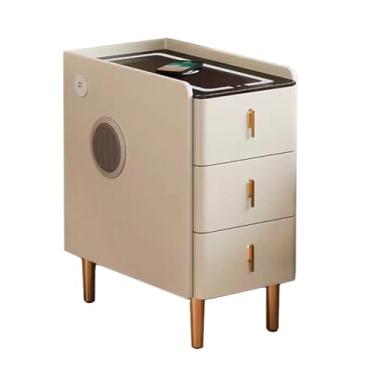 Imagem de SPXMQSS Mesinha de cabeceira com 3 gavetas, mesa de cabeceira estreita com luzes LED, carregamento sem fios e altifalante Bluetooth para sala de estar, quarto, bege 35 x 40 x 59 cm