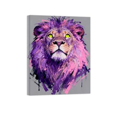 Imagem de Animais Pintura Arte Parede - Leão Rosa Roxo - Impressões em tela - Moderno Colorida Pôster para decoração sala de estar 50x65cm Tela Embrulhada