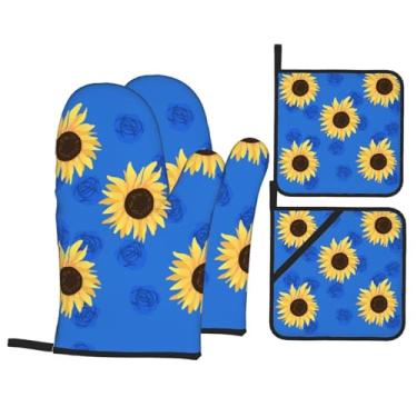 Imagem de Girassol - Conjunto de luvas de cozinha estampadas com suportes de tampa, luvas de forno resistentes ao calor para manusear panelas quentes, grelhar, churrascos, kit de 4 peças.