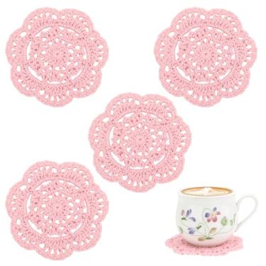 Imagem de kilofly Conjunto pequeno para porta-copos de renda de algodão crochê, 4 peças, redondo, 10 cm (rosa)