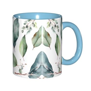 Imagem de Zeraoke Canecas de café criativas com estampa verde de folhas de eucalipto, personalizadas, presente para família, tamanho de 325 ml, unissex