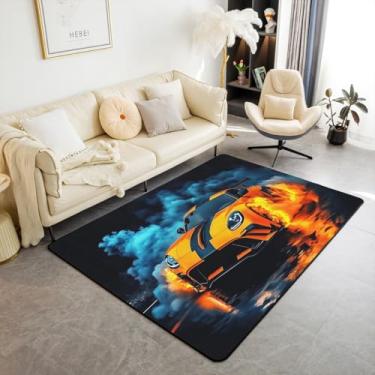 Imagem de Tapete de carro de corrida infantil para meninos, 1,88 m x 1,28 m, laranja para carros de corrida, carros de corrida, jogo esportivo, moderno, decoração de quarto para meninos, preto e azul