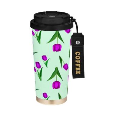 Imagem de STAYTOP Caneca de café com flores de tulipa roxa, 2 em 1, tampa à prova de derramamento, copo de viagem de aço inoxidável premium, à prova de vazamento, garrafas de água para viagens, escola