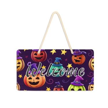 Imagem de Burbuja Placa de boas-vindas colorida Jack O Lantern Pumpkins para porta da frente, placa de boas-vindas de PVC para pendurar na parede, decoração de férias, 15 x 28 cm