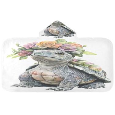 Imagem de Burbuja Toalha de banho com capuz tartaruga em flor grinalda para crianças, toalha de praia de pelúcia macia absorvente para meninas e meninos 3-10 anos, 61 x 127 cm