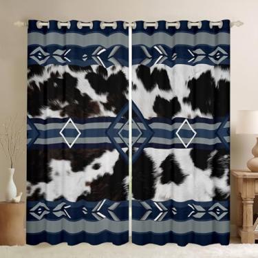 Imagem de Cortinas com estampa de pele de vaca para quarto, sala de estar, pele de animal de fazenda ocidental, 30%-50%, cortinas escurecidas, tratamentos de janela de couro bovino, 2 painéis 106 x 213 cm