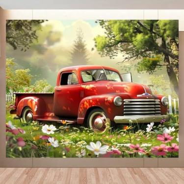 Imagem de Pano de fundo de jardim de primavera, 3 x 2,4 m, vermelho, caminhão, flores, floresta, páscoa, cenário, árvore, grama, cenário natural, para recém-nascidos, crianças, festa de aniversário, banner