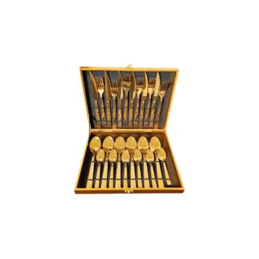 Imagem de Conjunto de Talheres 24 Peças em Aço Inoxidável com Maleta Dourada, Acabamento Espelhado, Resistente à Corrosão, Inclui Facas, Garfos, Colheres de Mesa e Sobremesa