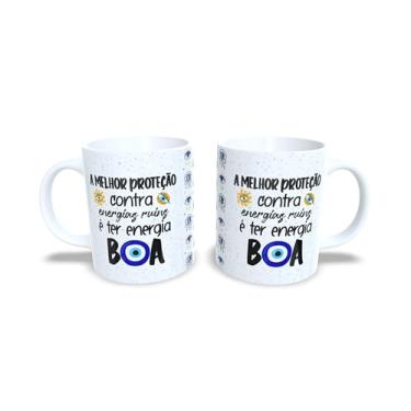 Imagem de Caneca de Cerâmica Olho Grego, Branco e Azul, 325ml, com Estampa de Olhos e Mãos de Hamsá (17364)