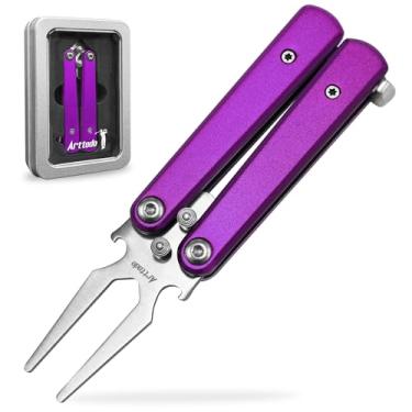 Imagem de Arttodo Ferramenta de reparo de divoto de golfe, ferramenta de divoto dobrável de aço inoxidável e ferramenta de divô de golfe com abridor de garrafa, acessórios de golfe para homens e mulheres, roxo