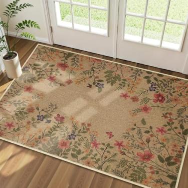 Imagem de Albodanl Tapete de entrada floral fácil de juta, capacho para ambientes internos e externos, antiderrapante, lavável, tapete de área pequena, tapete moderno para casa de fazenda para cozinha, varanda