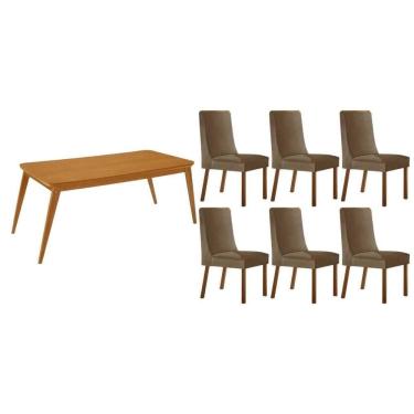 Imagem de Sala Jantar Mesa Havana Tampo Curvo 180cm+6 Cadeiras Dakota Madeira Naturale - Capuccino/Suede Capuccino - Rufato