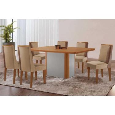 Imagem de Sala Jantar Mesa Pietá Tampo Curvo 180cm+6 Cadeiras Tilia Madeira Naturale/Off White - Capuccino/Linho Bege - Rufato
