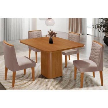 Imagem de Sala Jantar Mesa Maldivas Tampo Curvo 90cm+4 Cadeiras Maldivas Madeira Naturale - Capuccino/Linho Capuccino - Rufato