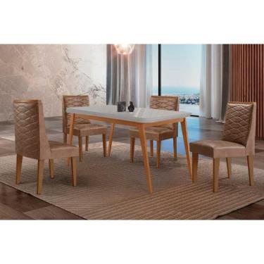 Imagem de Sala Jantar Mesa Havana Tampo c/ Vidro Curvo 120cm+4 Cadeiras Dafne Madeira Naturale/Off White - Capuccino/Corano Capuccino - Rufato