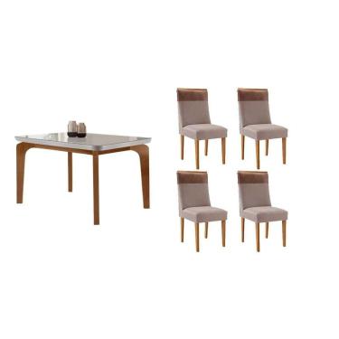 Imagem de Sala Jantar Mesa Londrina Tampo c/ Vidro Curvo 120cm 4 Cadeiras Jaspe Madeira Naturale/Off White - Capuccino/Linho Capuccino - Rufato