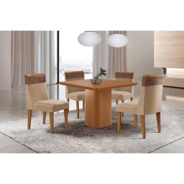 Imagem de Sala Jantar Mesa Maldivas Tampo Curvo 90cm+4 Cadeiras Jaspe Madeira Naturale - Capuccino/Linho Bege - Rufato