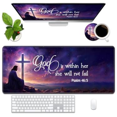 Imagem de Tapete de mesa para jogos com porta-copos, mouse pad grande para jogos (90 cm x 40 cm) com base antiderrapante e borda costurada para jogos de trabalho em casa, escritório, citação cristã, versículo