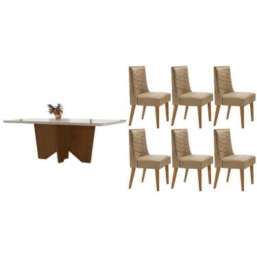Imagem de Conjunto Sala de Jantar Nevada c/ Tampo Madeirado c/ Vidro Canto Curvo 180x90cm e 6 Cadeiras Dafne Madeira Maciça Naturale/Off White - Capuccino/Linho
